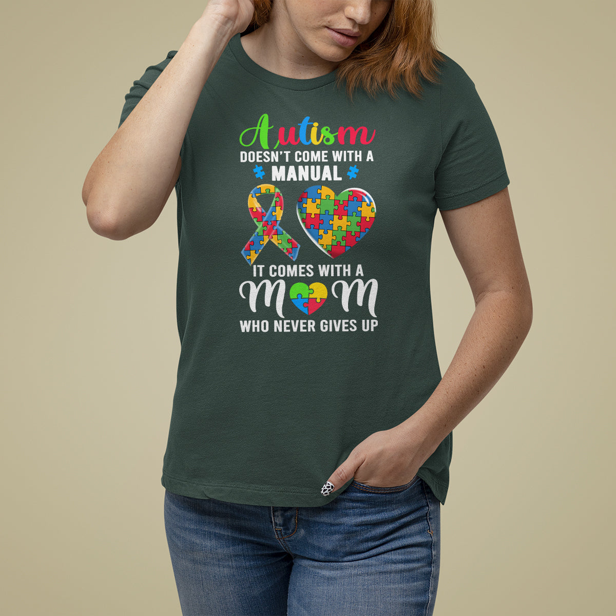 Autism Mom T Shirt For Women It Doesn't Come With A Manual It Comes With A Mother Who Never Gives Up Puzzle Heart - Wonder Print Shop