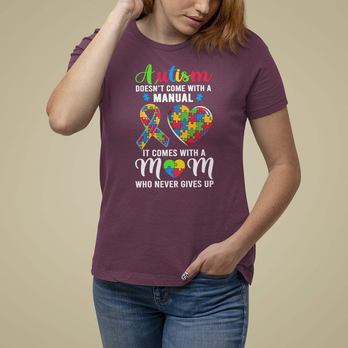 Autism Mom T Shirt For Women It Doesn't Come With A Manual It Comes With A Mother Who Never Gives Up Puzzle Heart - Wonder Print Shop