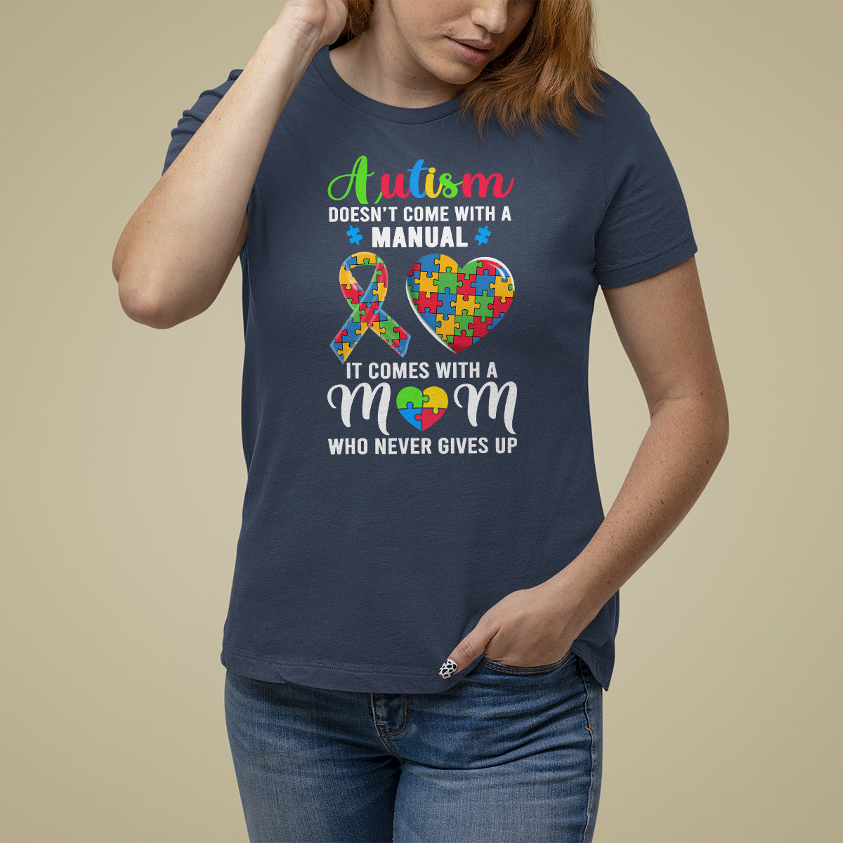Autism Mom T Shirt For Women It Doesn't Come With A Manual It Comes With A Mother Who Never Gives Up Puzzle Heart - Wonder Print Shop