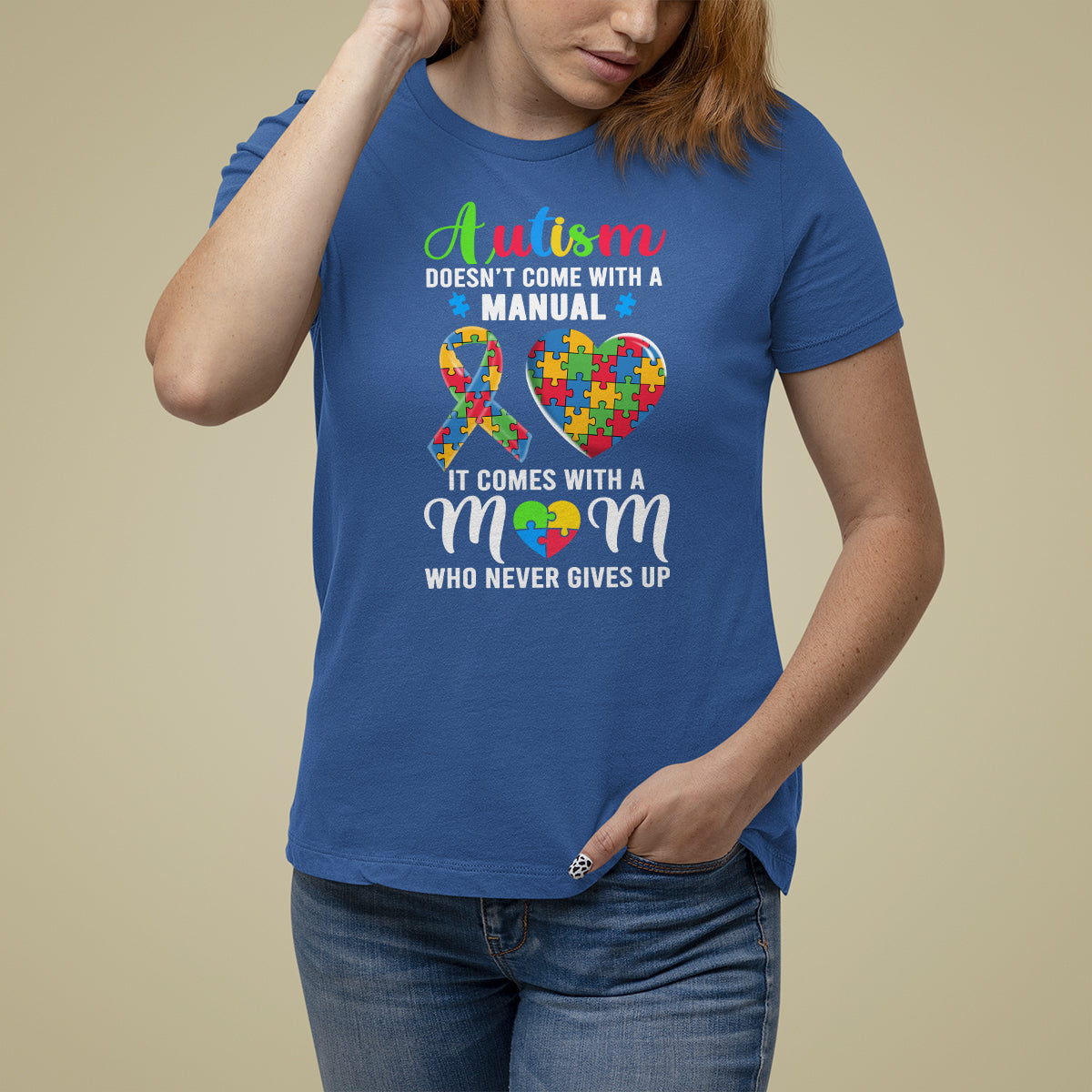 Autism Mom T Shirt For Women It Doesn't Come With A Manual It Comes With A Mother Who Never Gives Up Puzzle Heart - Wonder Print Shop