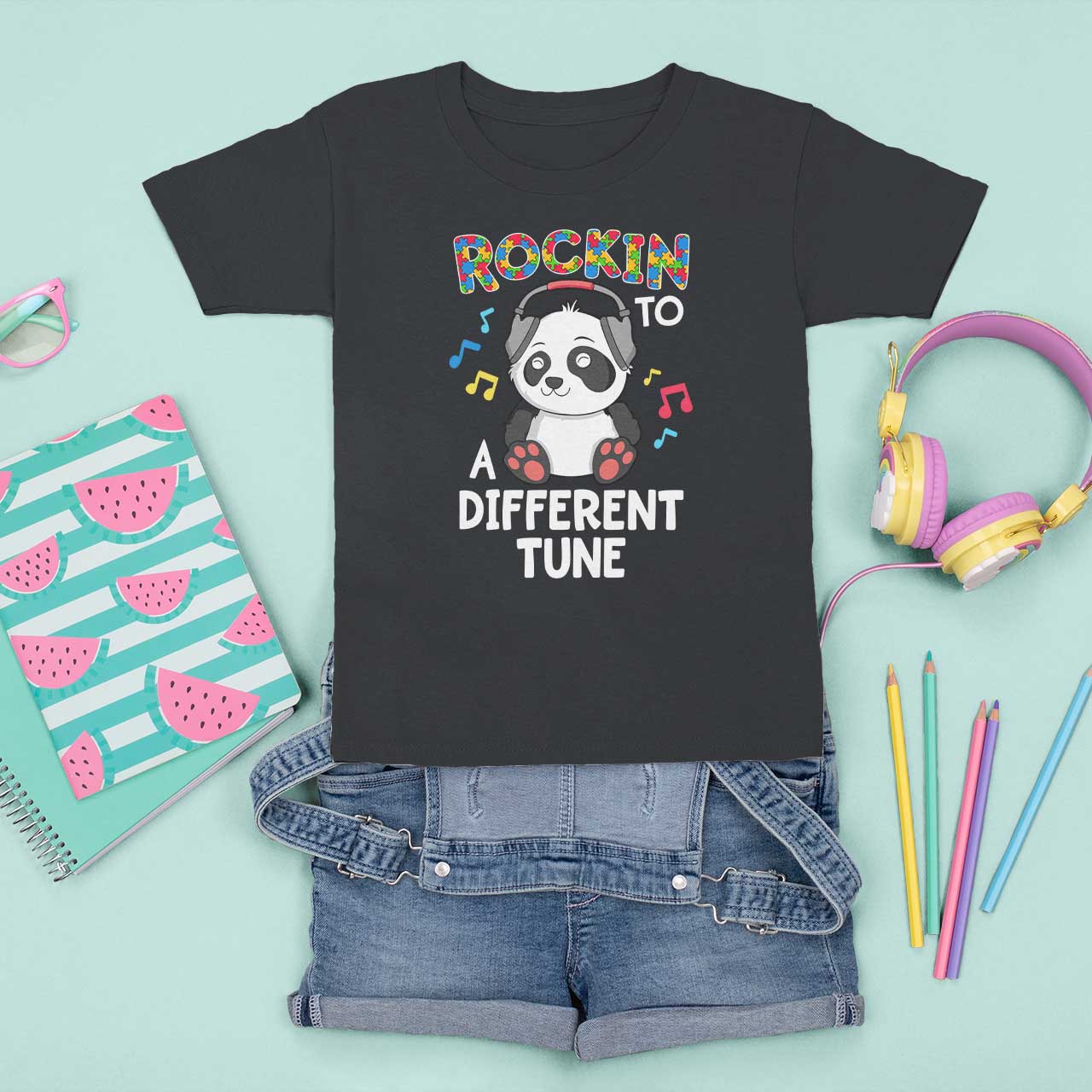 Panda Autism T Shirt For Kid Rockin' To A Different Tune Cute Kids - Wonder Print Shop