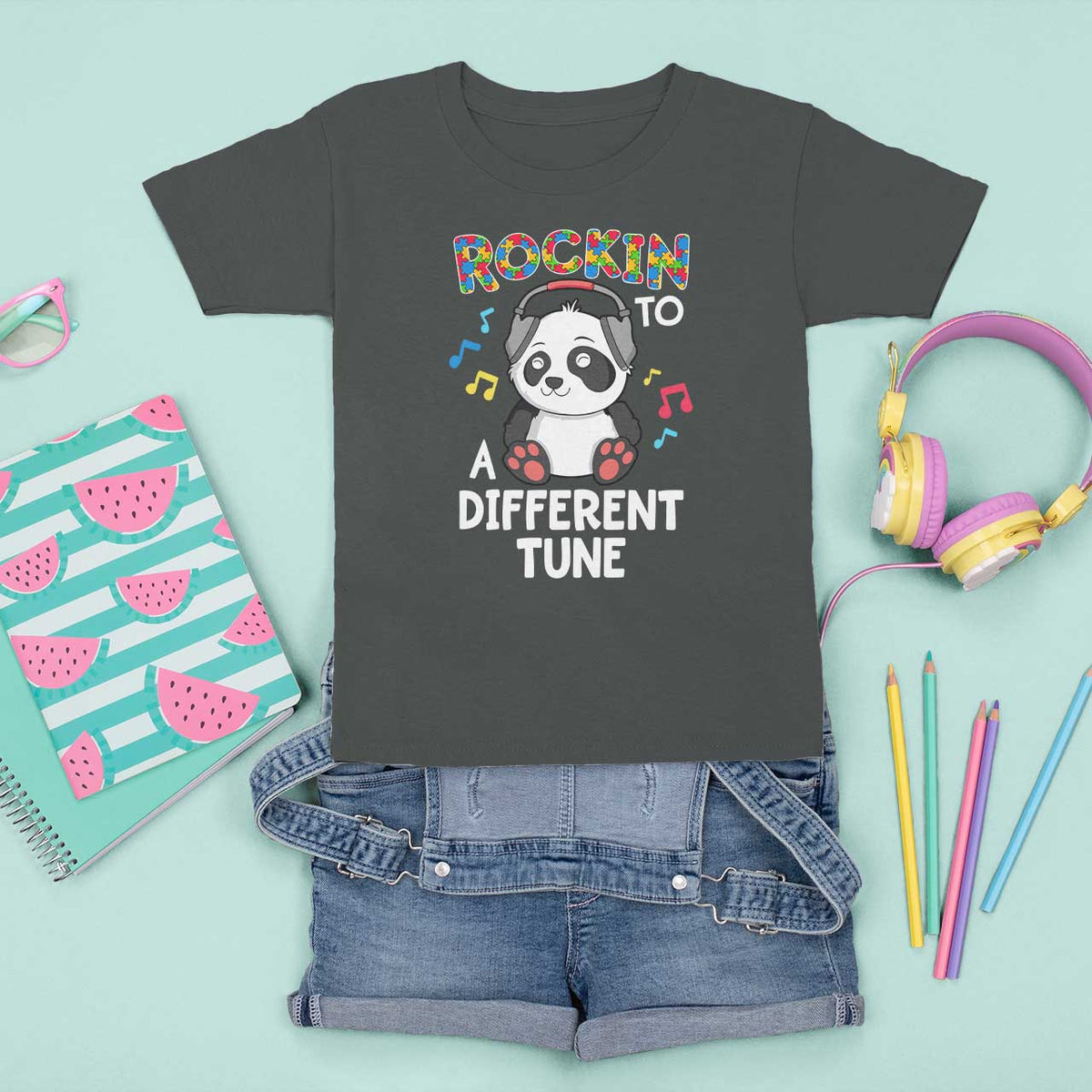 Panda Autism T Shirt For Kid Rockin' To A Different Tune Cute Kids - Wonder Print Shop