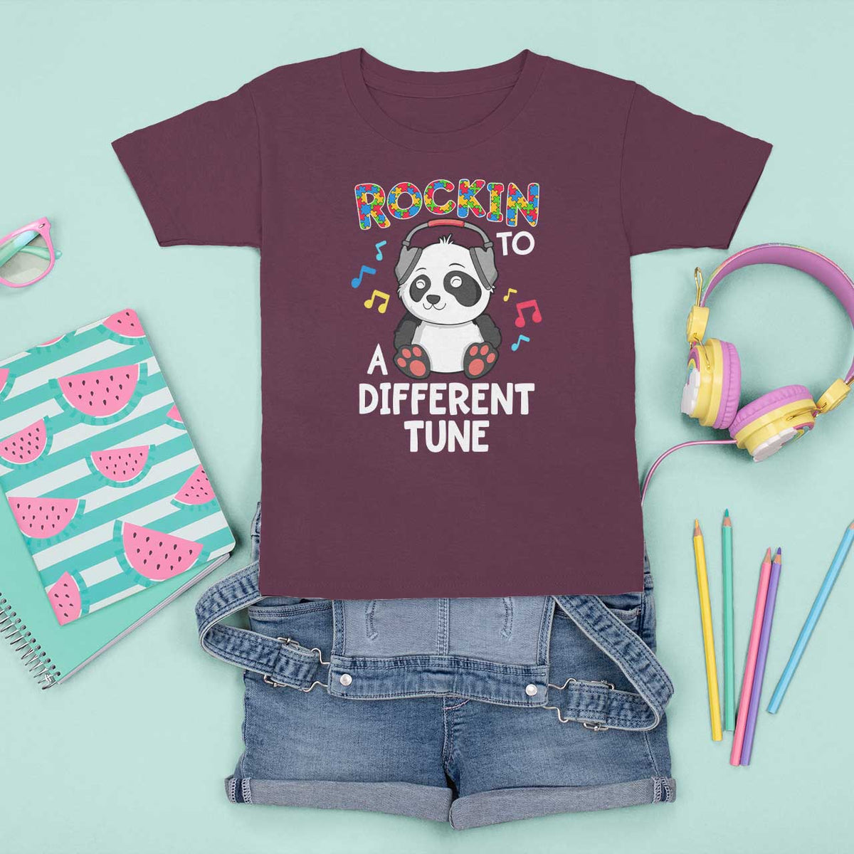 Panda Autism T Shirt For Kid Rockin' To A Different Tune Cute Kids - Wonder Print Shop