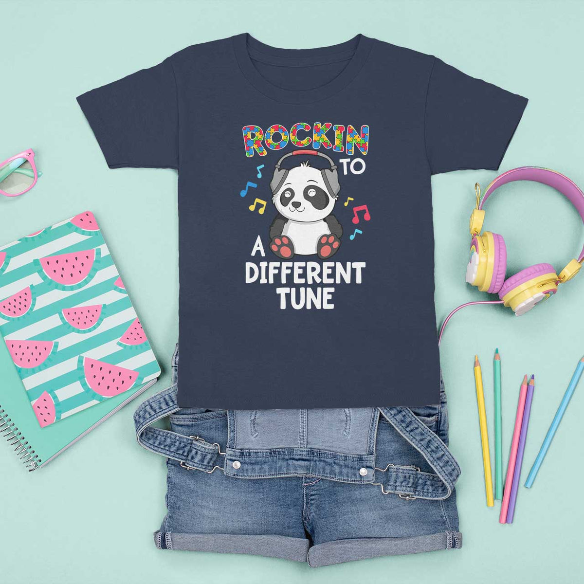 Panda Autism T Shirt For Kid Rockin' To A Different Tune Cute Kids - Wonder Print Shop
