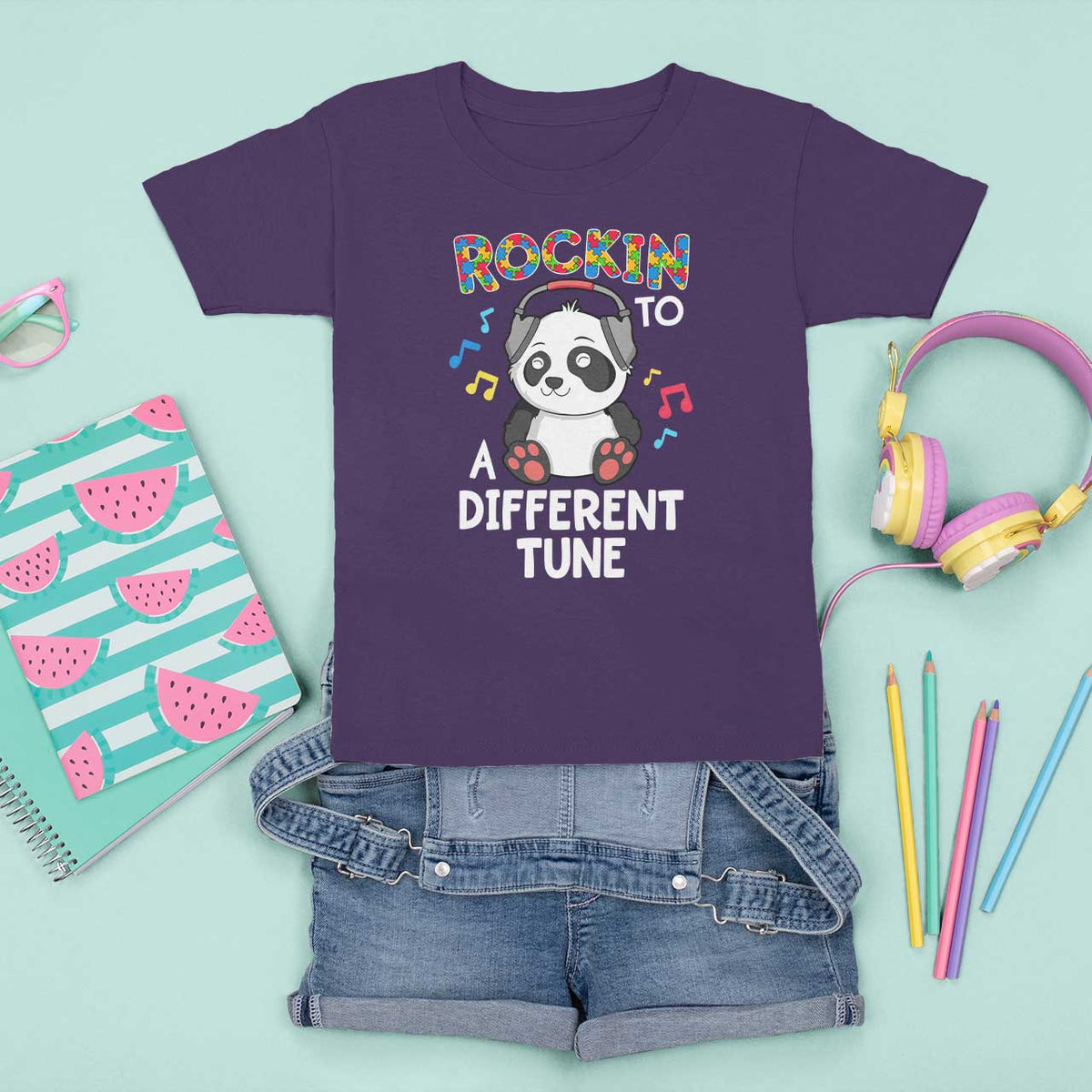 Panda Autism T Shirt For Kid Rockin' To A Different Tune Cute Kids - Wonder Print Shop