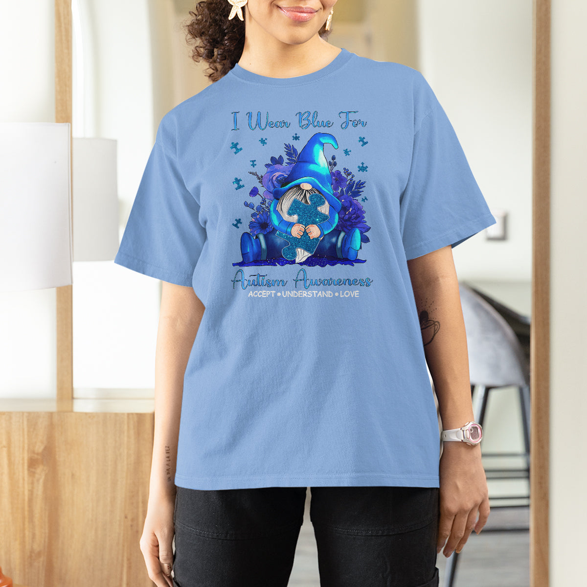 Gnome Autism T Shirt For Women I Wear Blue For Autism Awareness Accept Understand Love - Wonder Print Shop