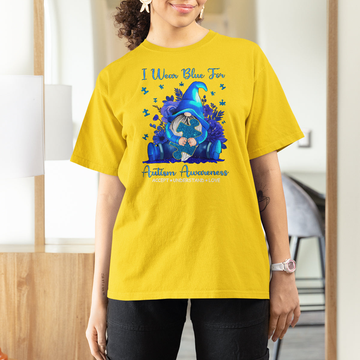 Gnome Autism T Shirt For Women I Wear Blue For Autism Awareness Accept Understand Love - Wonder Print Shop