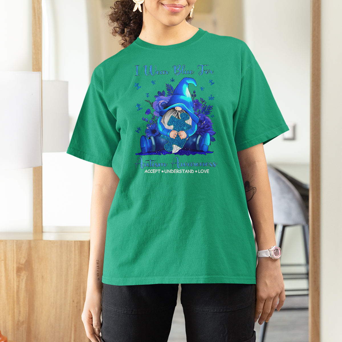 Gnome Autism T Shirt For Women I Wear Blue For Autism Awareness Accept Understand Love - Wonder Print Shop