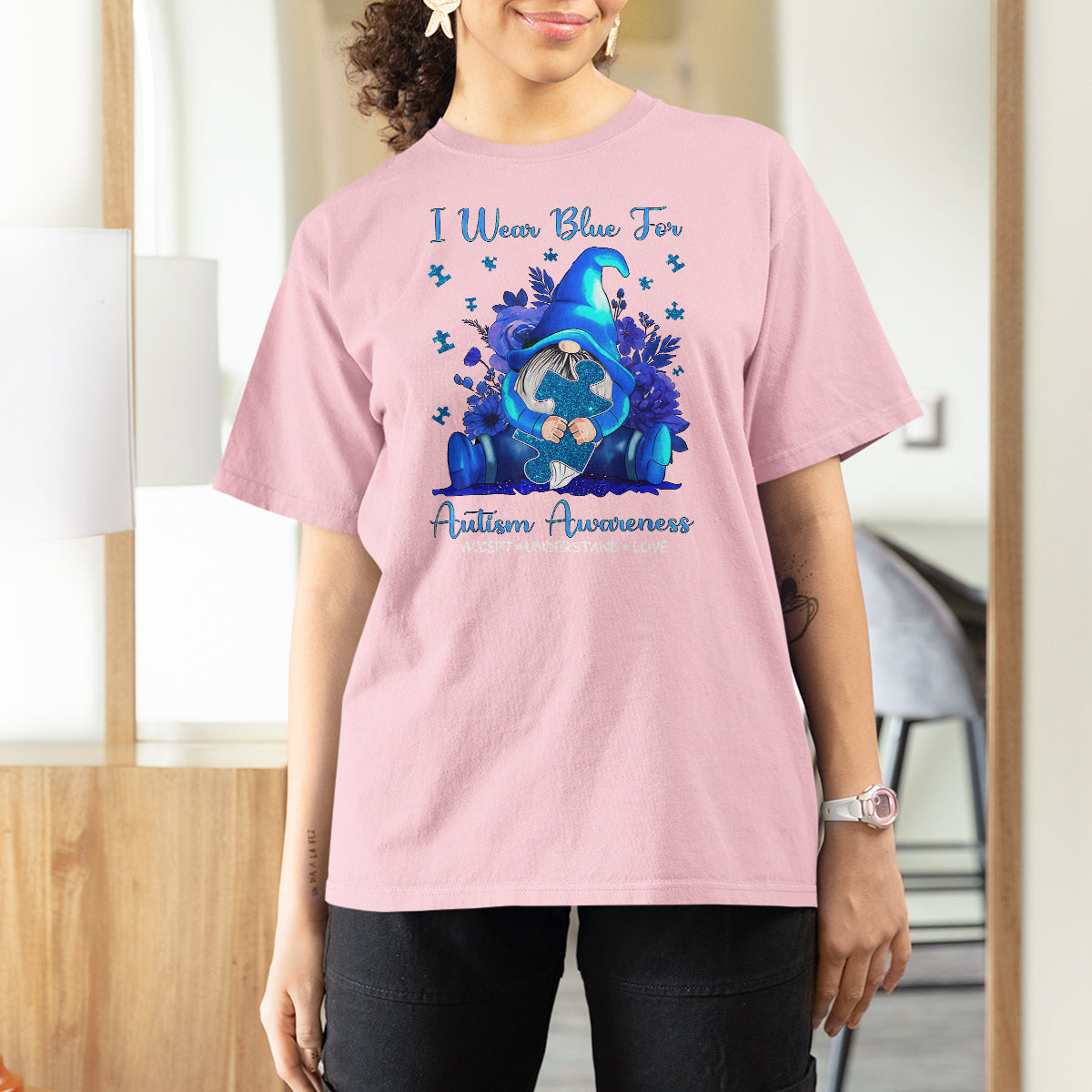 Gnome Autism T Shirt For Women I Wear Blue For Autism Awareness Accept Understand Love - Wonder Print Shop