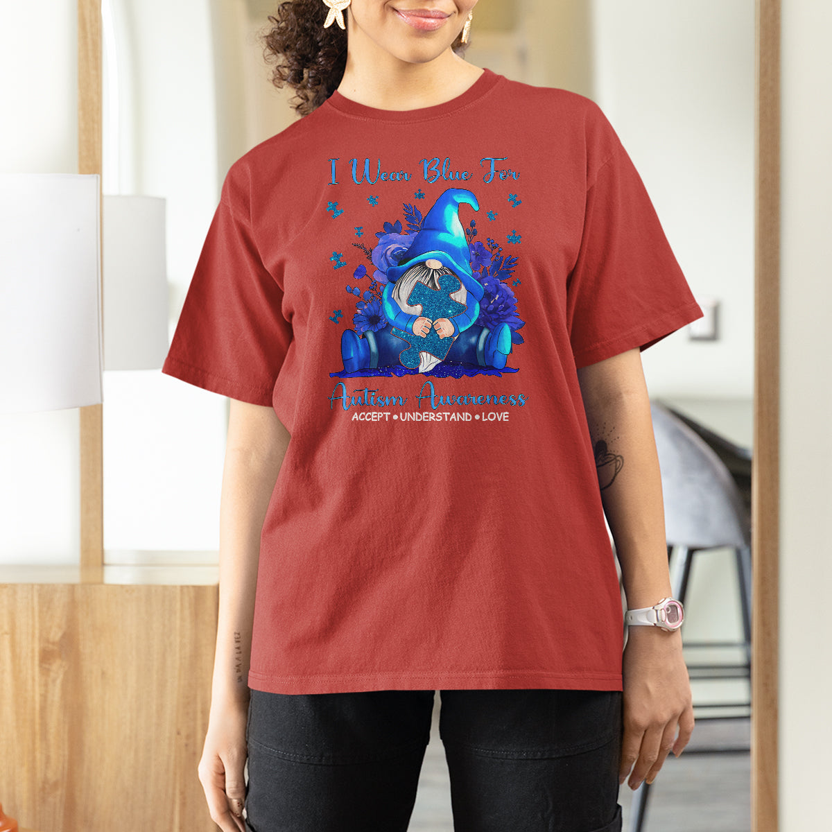Gnome Autism T Shirt For Women I Wear Blue For Autism Awareness Accept Understand Love - Wonder Print Shop