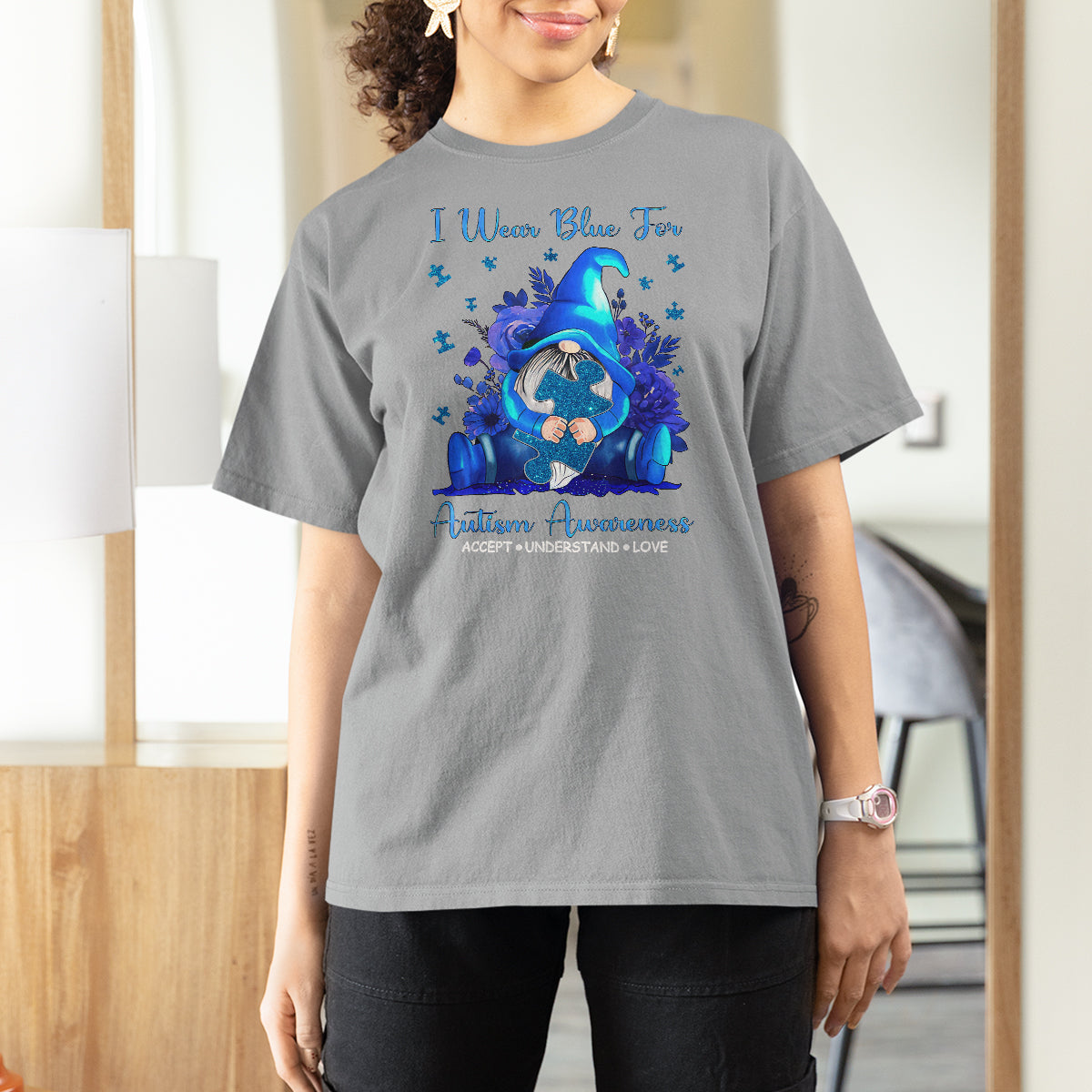 Gnome Autism T Shirt For Women I Wear Blue For Autism Awareness Accept Understand Love - Wonder Print Shop