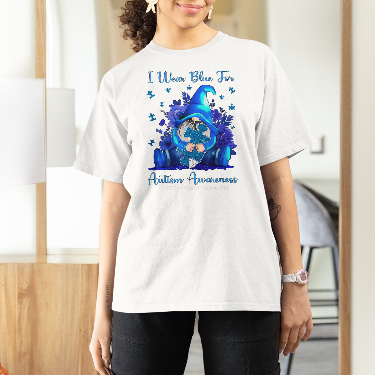 Gnome Autism T Shirt For Women I Wear Blue For Autism Awareness Accept Understand Love - Wonder Print Shop