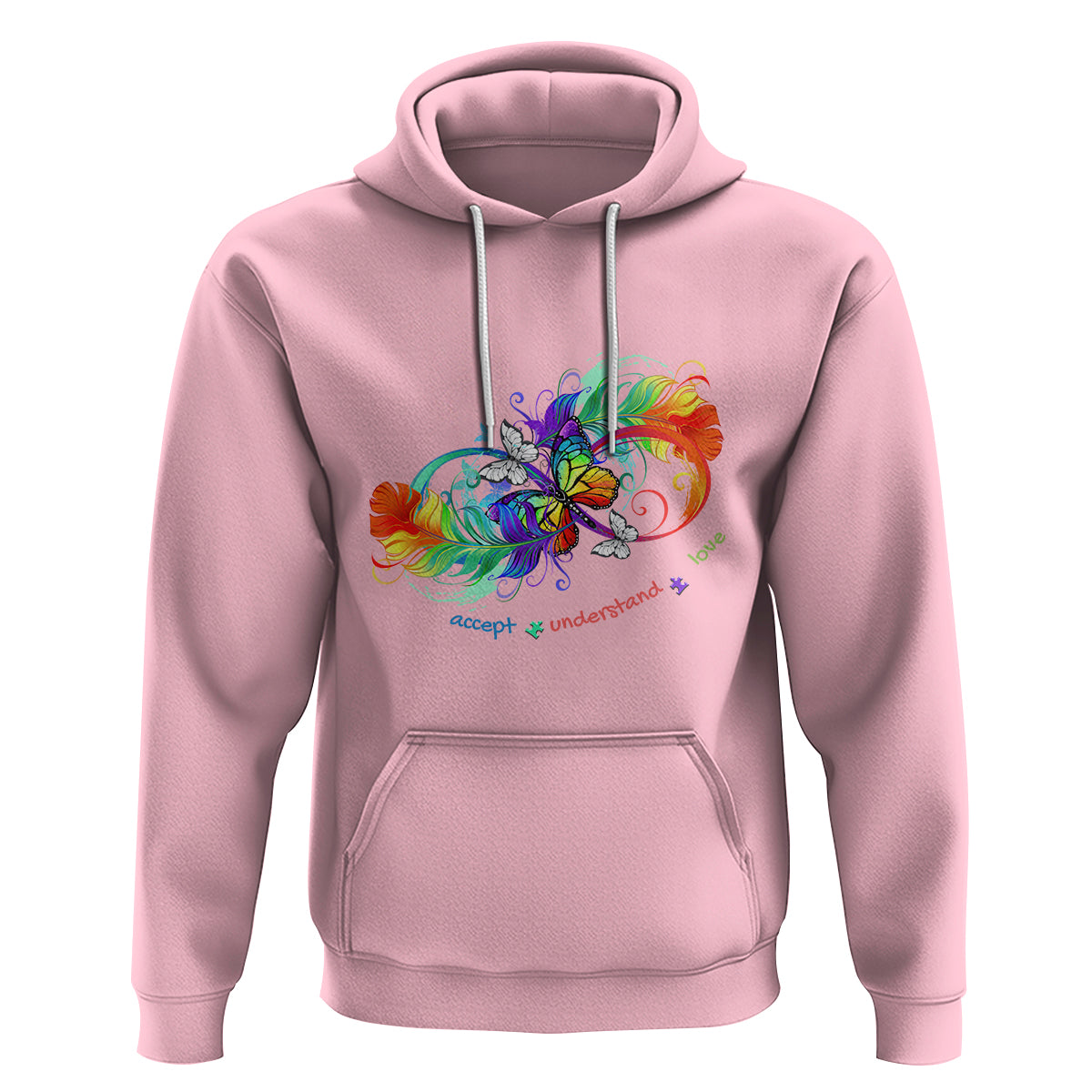 Autism Acceptance Hoodie Accept Understand Love Rainbow Infinity With Butterfly Feathers - Wonder Print Shop