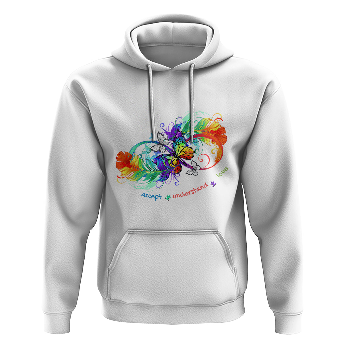 Autism Acceptance Hoodie Accept Understand Love Rainbow Infinity With Butterfly Feathers - Wonder Print Shop