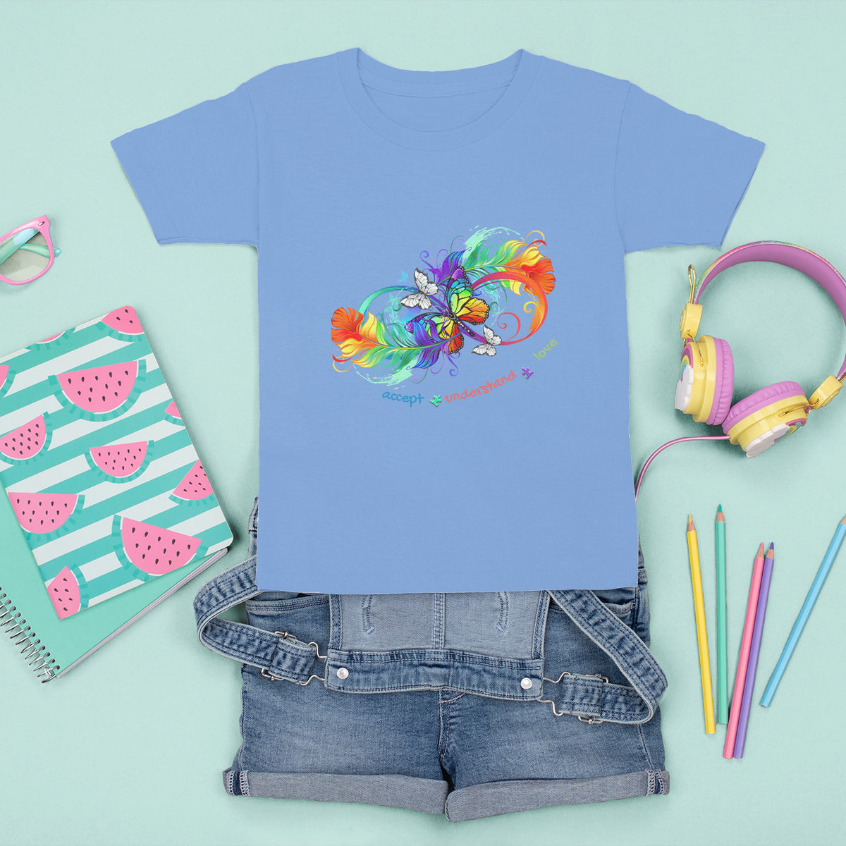 Autism Acceptance T Shirt For Kid Accept Understand Love Rainbow Infinity With Butterfly Feathers - Wonder Print Shop