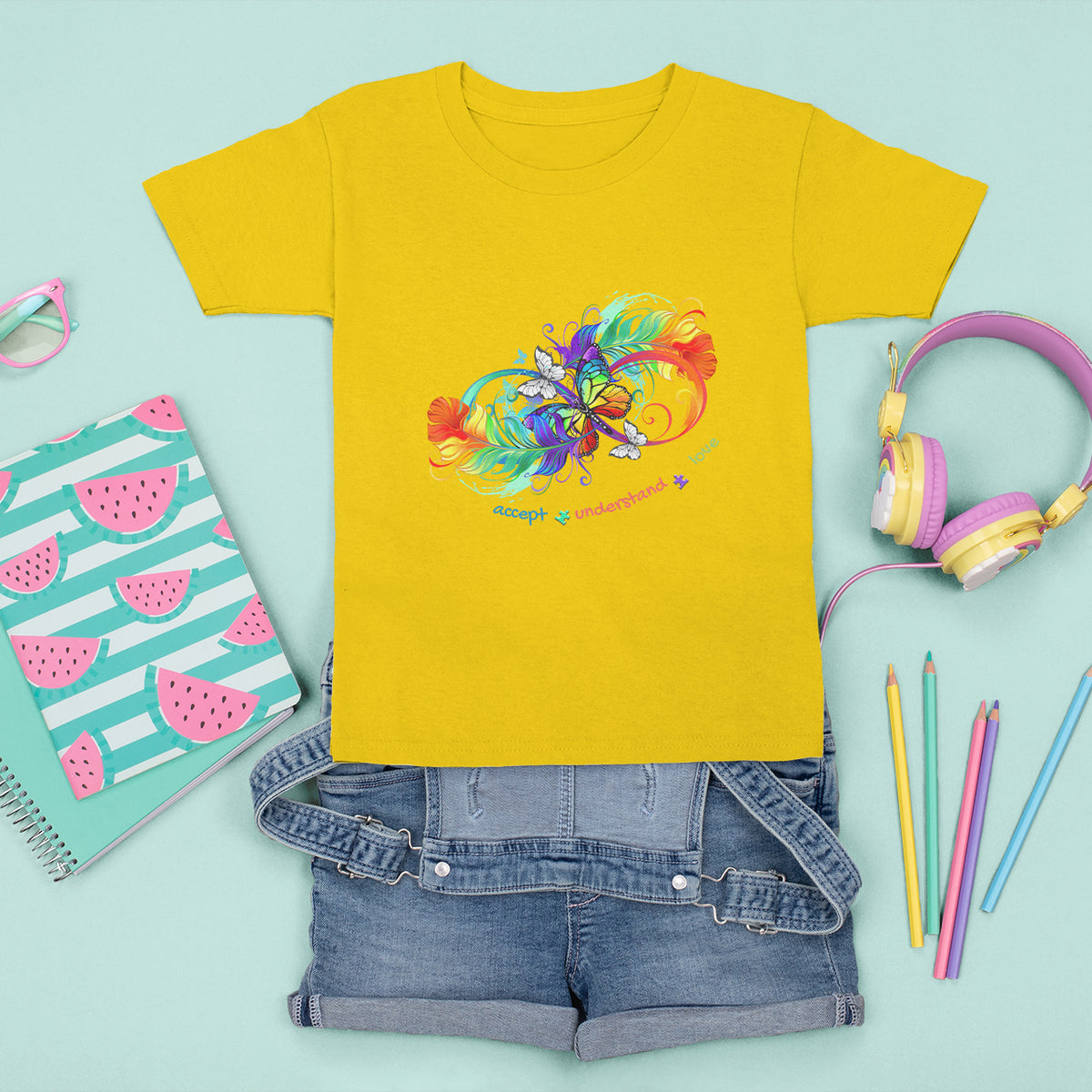 Autism Acceptance T Shirt For Kid Accept Understand Love Rainbow Infinity With Butterfly Feathers - Wonder Print Shop