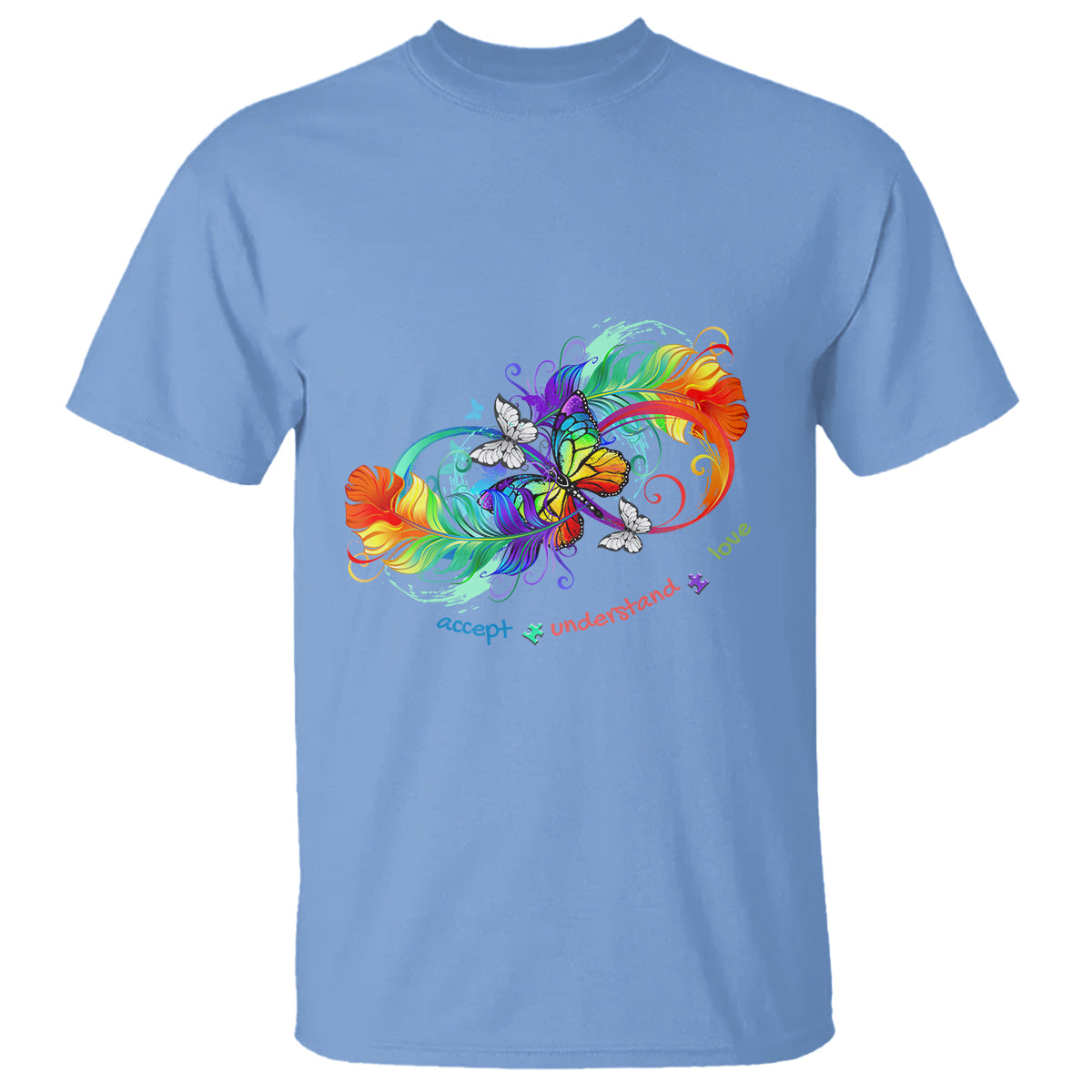 Autism Acceptance T Shirt Accept Understand Love Rainbow Infinity With Butterfly Feathers - Wonder Print Shop