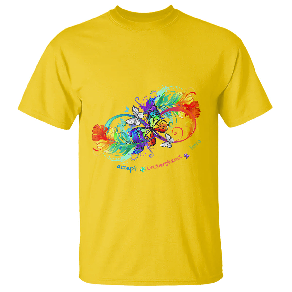 Autism Acceptance T Shirt Accept Understand Love Rainbow Infinity With Butterfly Feathers - Wonder Print Shop