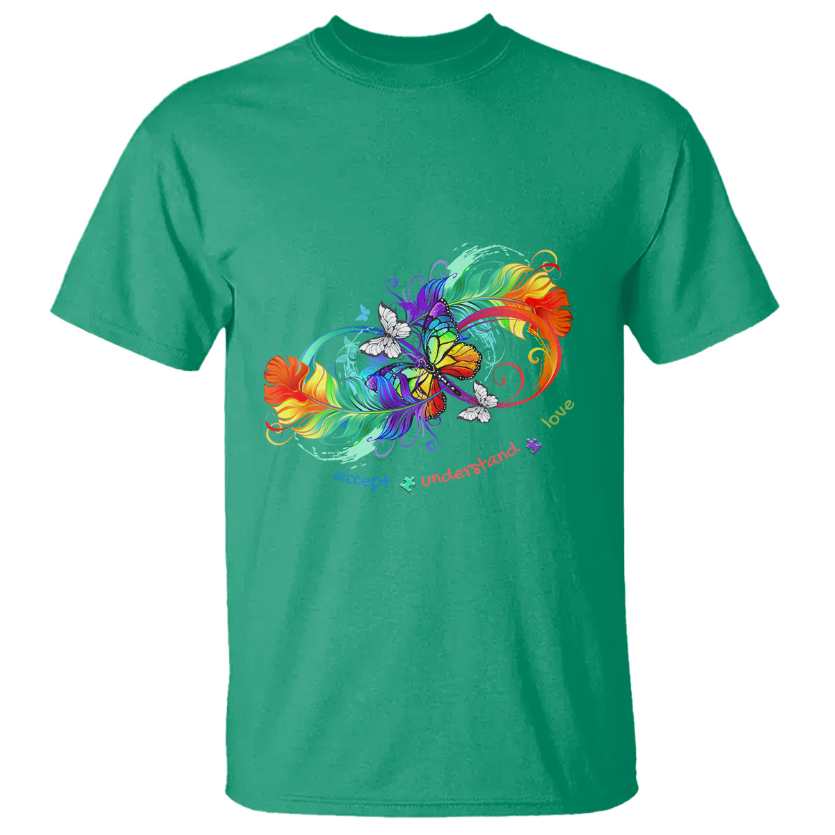 Autism Acceptance T Shirt Accept Understand Love Rainbow Infinity With Butterfly Feathers - Wonder Print Shop