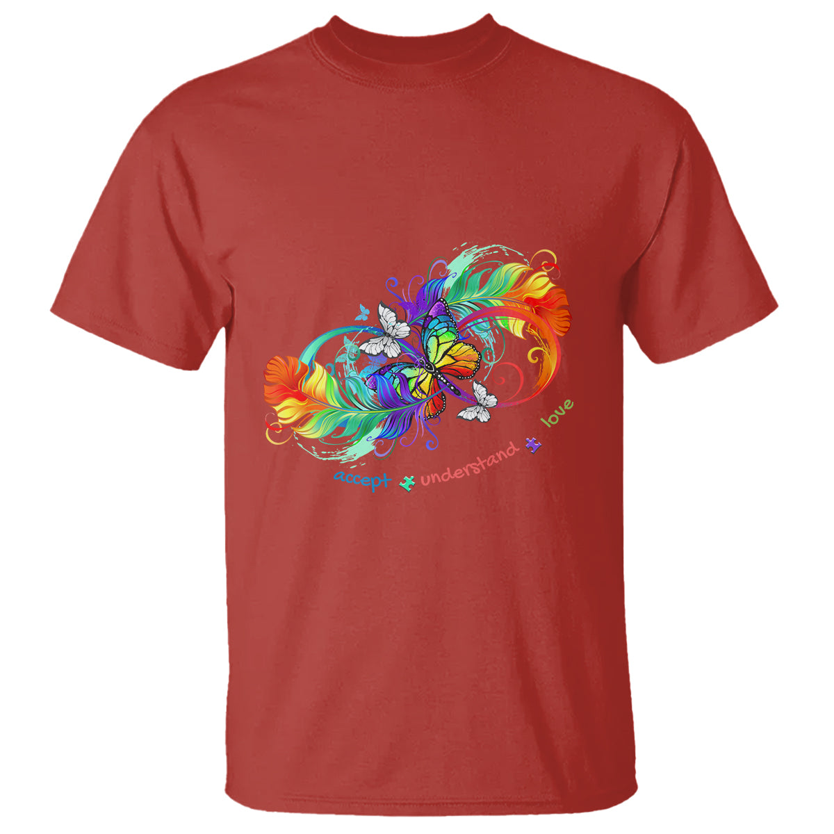 Autism Acceptance T Shirt Accept Understand Love Rainbow Infinity With Butterfly Feathers - Wonder Print Shop