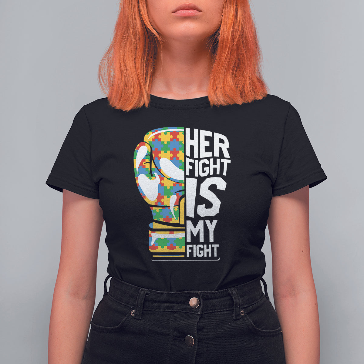 Autism Support T Shirt For Women Her Fight is My Fight Warriors Jigsaw Puzzle Boxing Glove - Wonder Print Shop