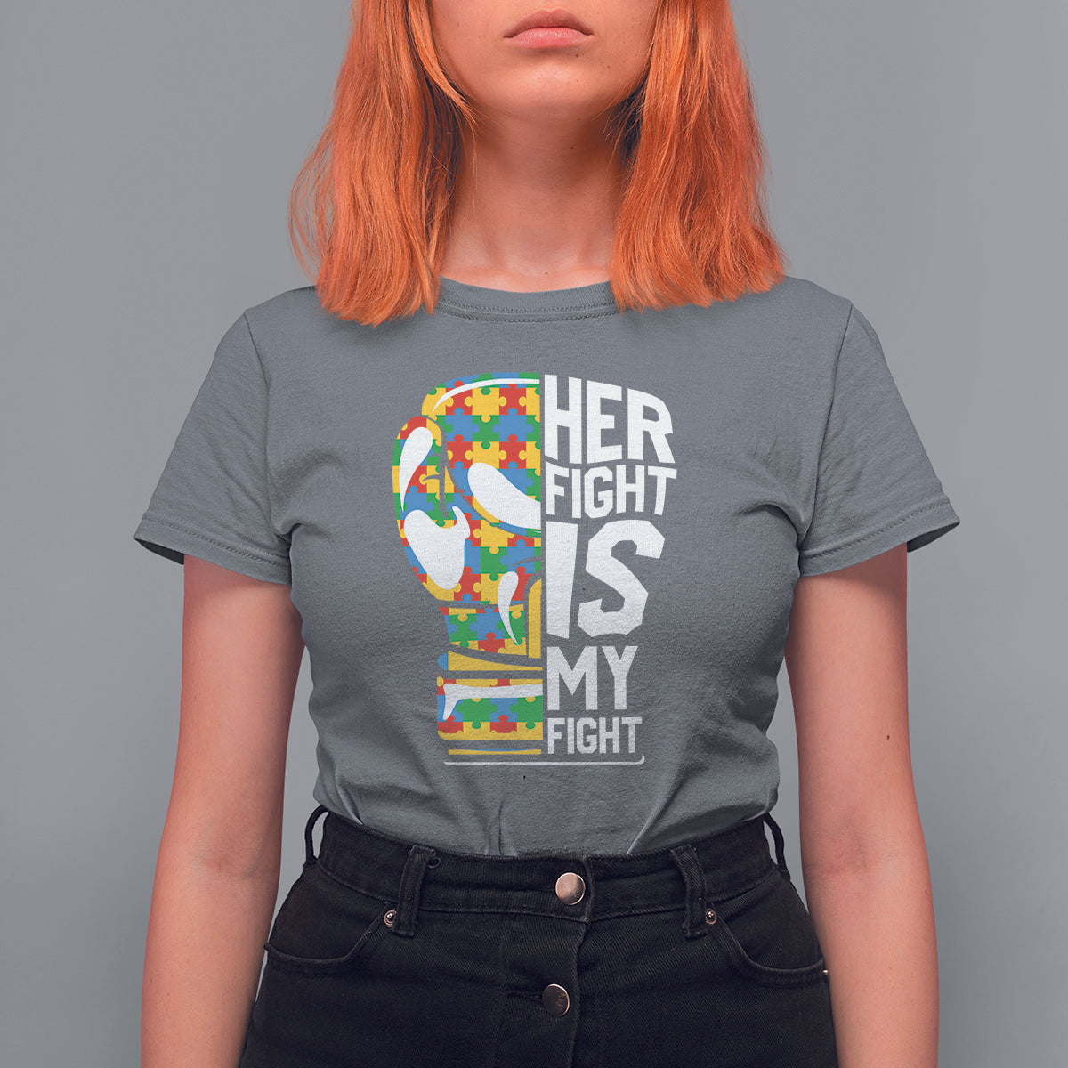 Autism Support T Shirt For Women Her Fight is My Fight Warriors Jigsaw Puzzle Boxing Glove - Wonder Print Shop