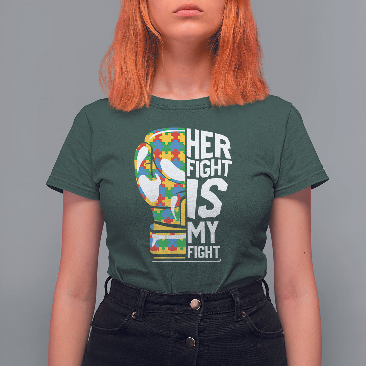 Autism Support T Shirt For Women Her Fight is My Fight Warriors Jigsaw Puzzle Boxing Glove - Wonder Print Shop
