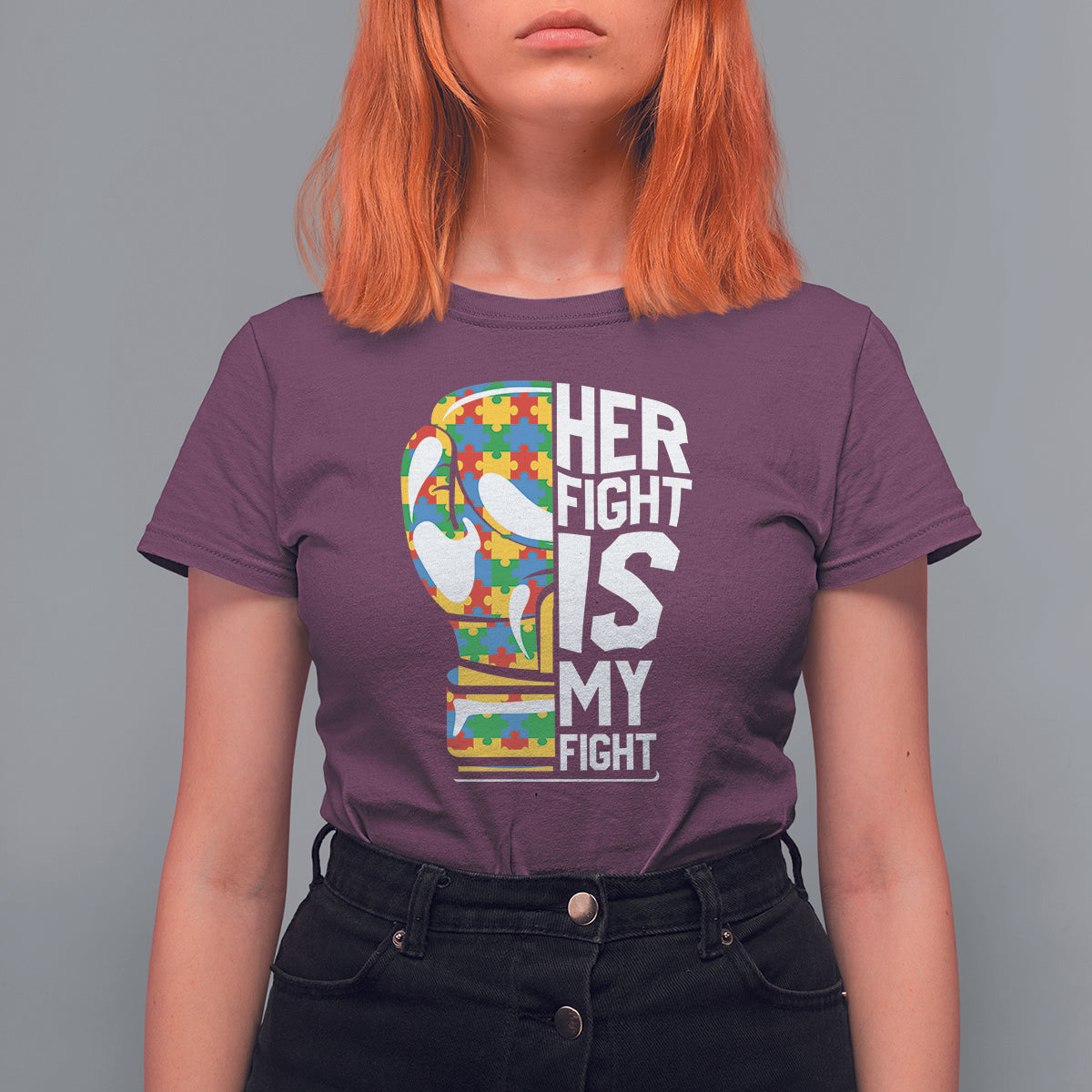Autism Support T Shirt For Women Her Fight is My Fight Warriors Jigsaw Puzzle Boxing Glove - Wonder Print Shop