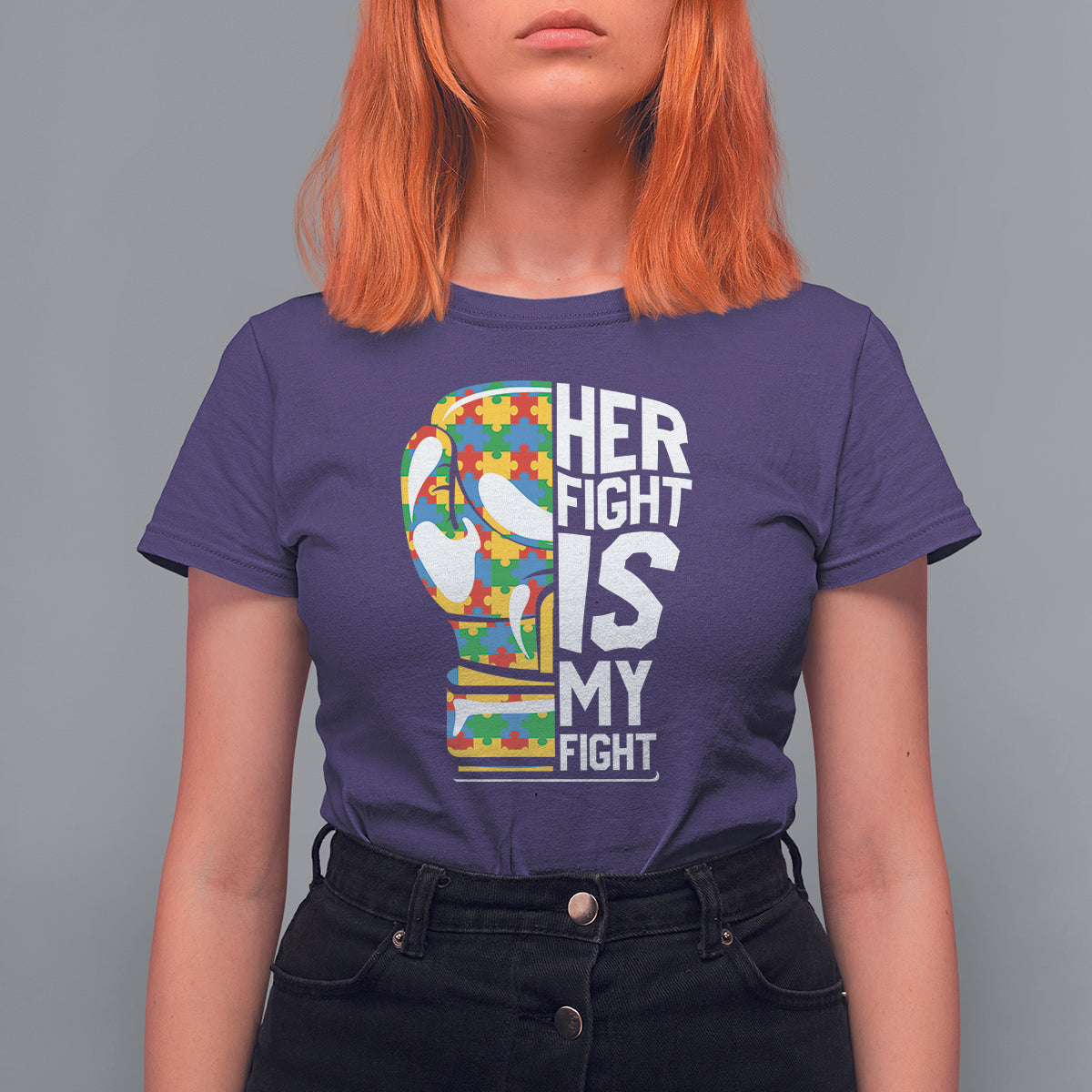 Autism Support T Shirt For Women Her Fight is My Fight Warriors Jigsaw Puzzle Boxing Glove - Wonder Print Shop