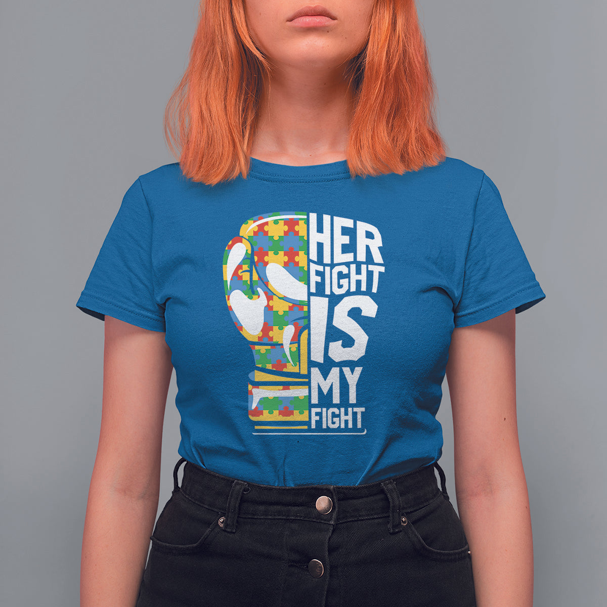 Autism Support T Shirt For Women Her Fight is My Fight Warriors Jigsaw Puzzle Boxing Glove - Wonder Print Shop
