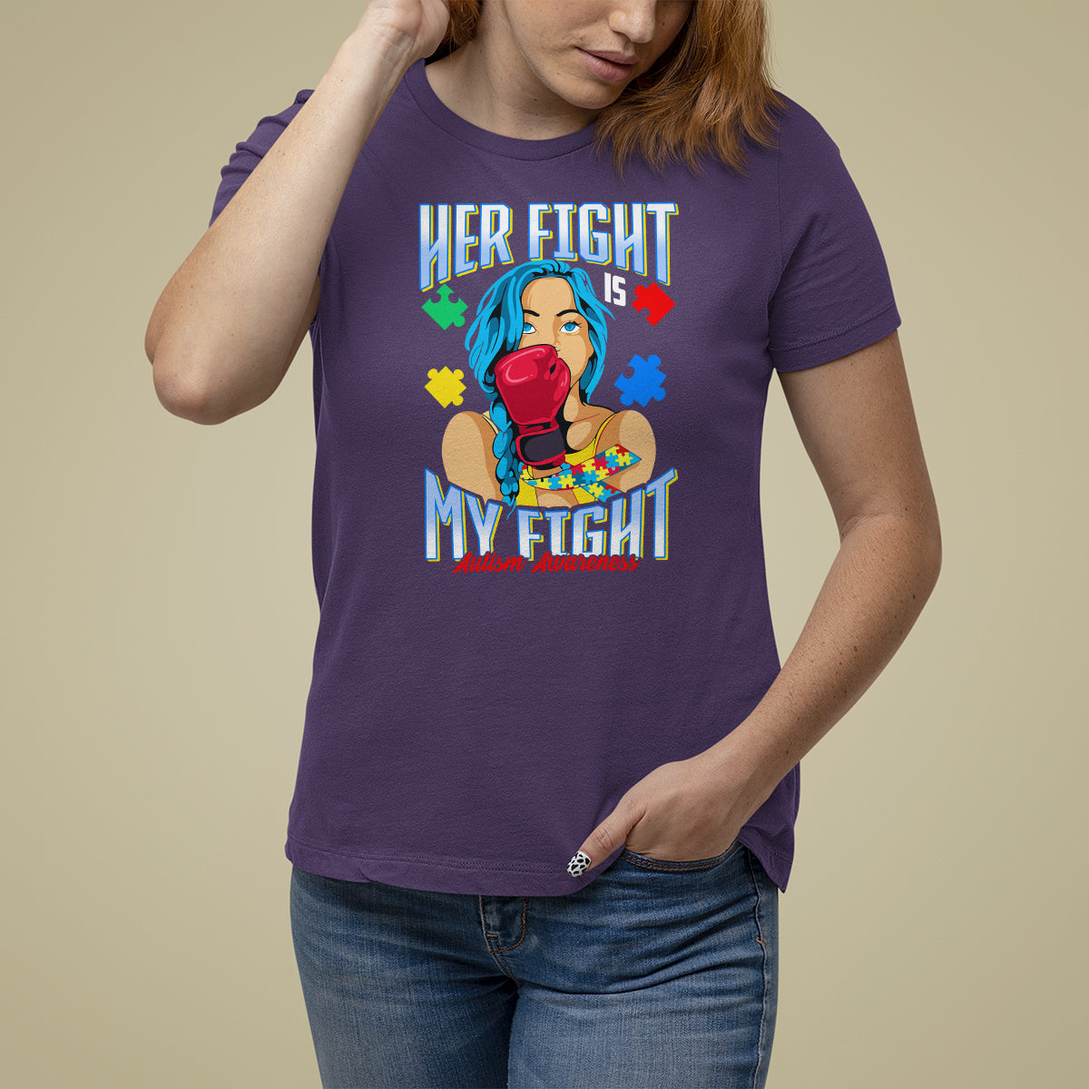 Autism Support T Shirt For Women Her Fight is My Fight Autistic Warriors - Wonder Print Shop