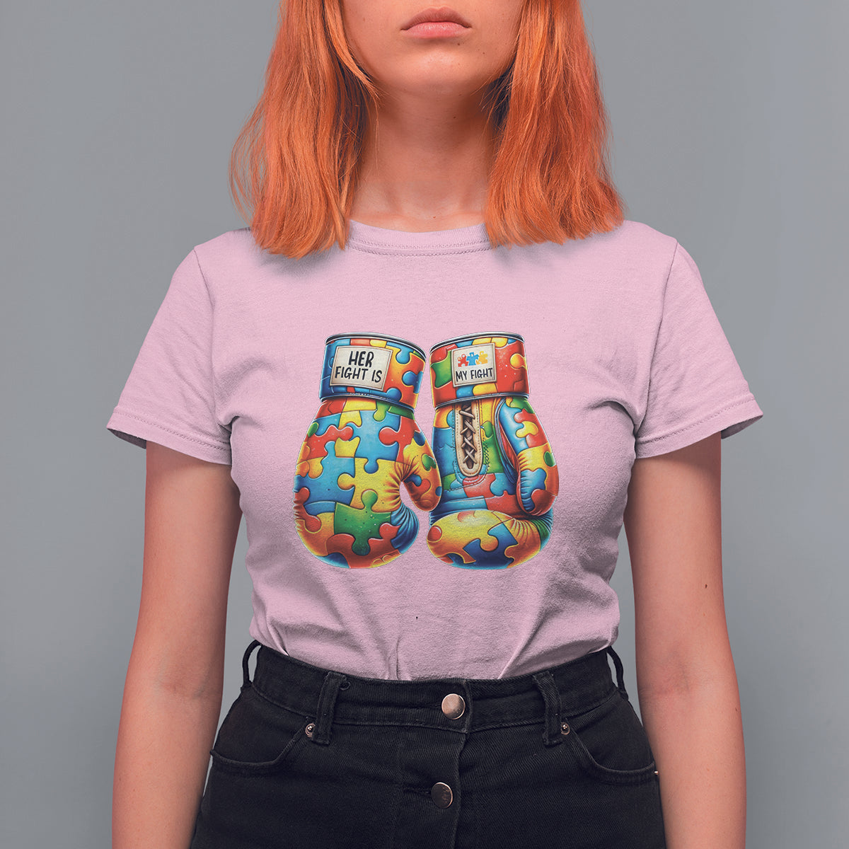 Autism Support T Shirt For Women Her Fight is My Fight Jigsaw Puzzle Boxing Gloves - Wonder Print Shop
