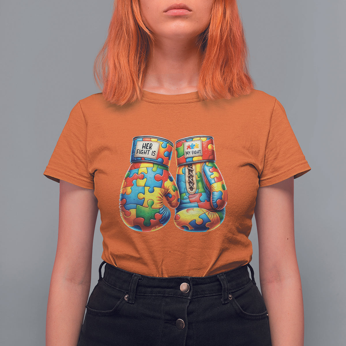 Autism Support T Shirt For Women Her Fight is My Fight Jigsaw Puzzle Boxing Gloves - Wonder Print Shop