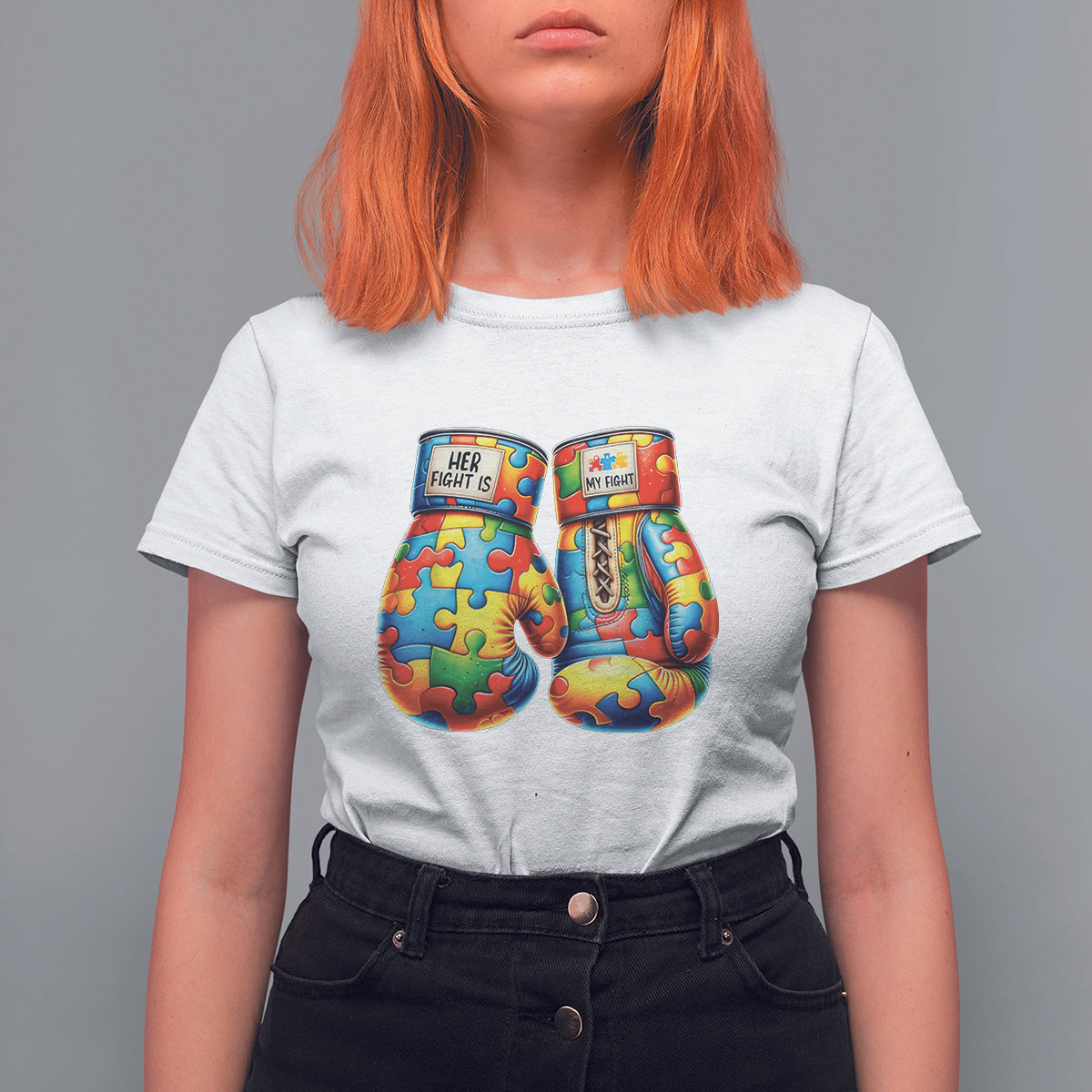 Autism Support T Shirt For Women Her Fight is My Fight Jigsaw Puzzle Boxing Gloves - Wonder Print Shop