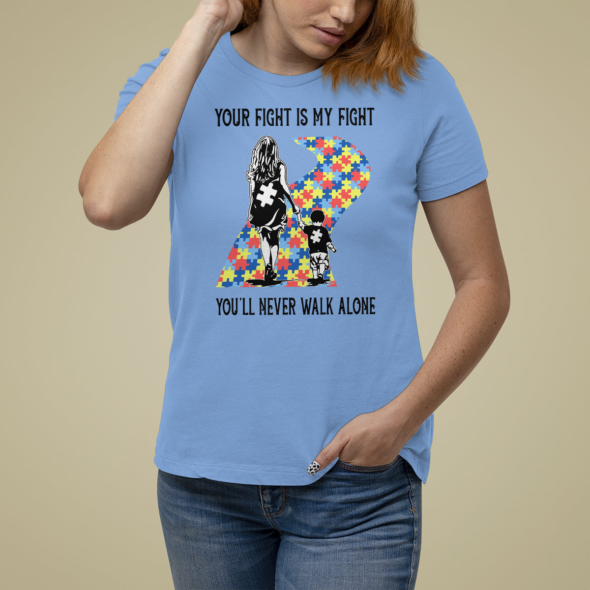 Autism Mom T Shirt For Women Your Fight Is My Fight Never Walk Alone Mother And Son - Wonder Print Shop