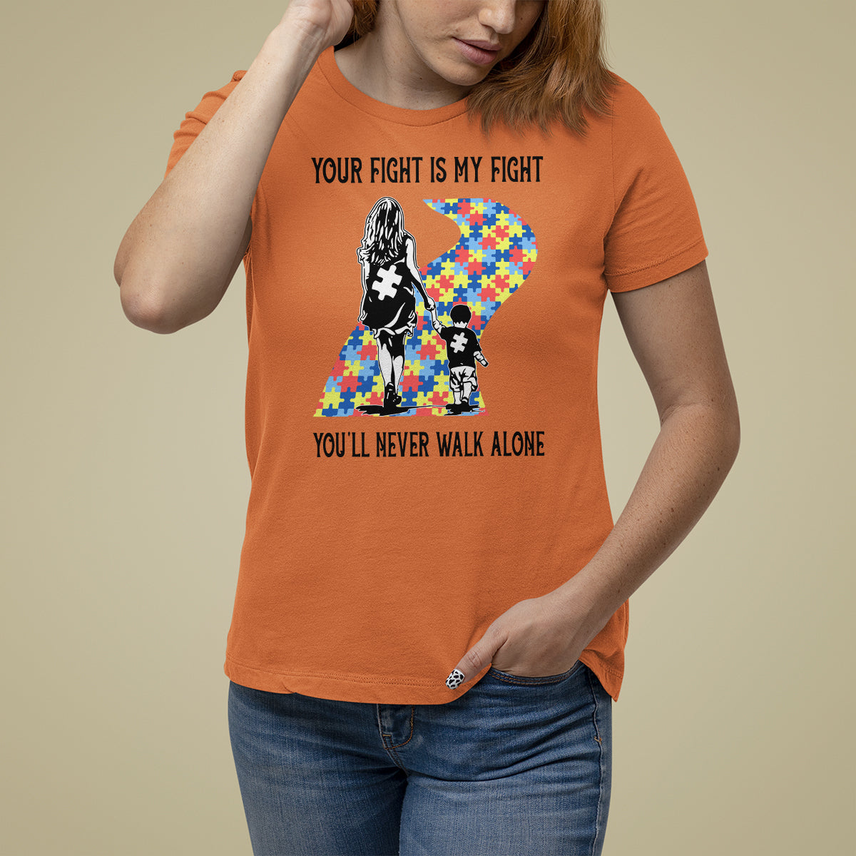 Autism Mom T Shirt For Women Your Fight Is My Fight Never Walk Alone Mother And Son - Wonder Print Shop