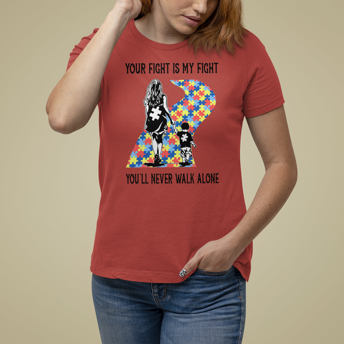 Autism Mom T Shirt For Women Your Fight Is My Fight Never Walk Alone Mother And Son - Wonder Print Shop