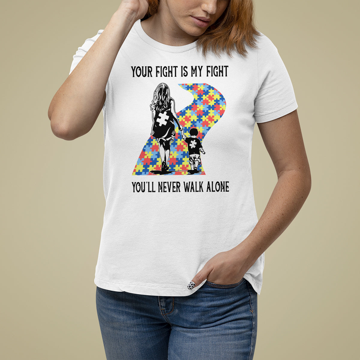 Autism Mom T Shirt For Women Your Fight Is My Fight Never Walk Alone Mother And Son - Wonder Print Shop