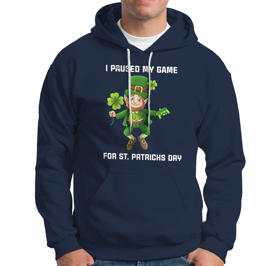 Navy St. Patrick's Day hoodie with leprechaun graphic and 'I PAUSED MY GAME' text.