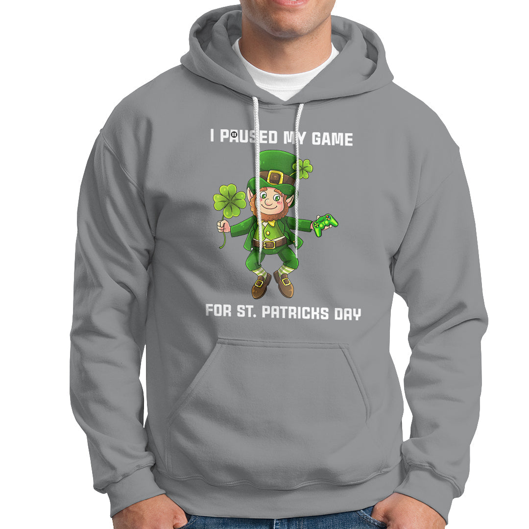 Sport gray St. Patrick's Day hoodie with leprechaun graphic and 'I PAUSED MY GAME' text.