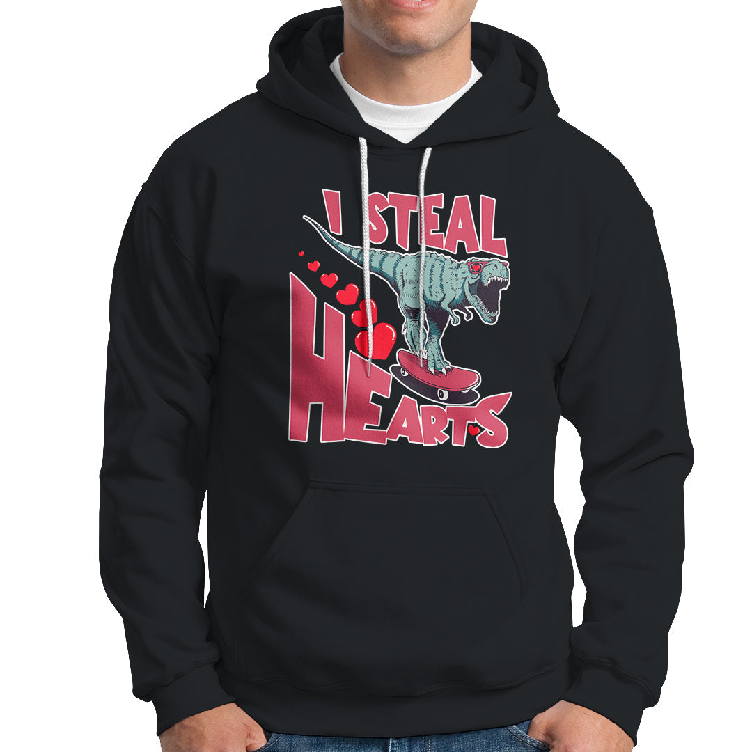 Valentines Day Dinosaur I Steal Hearts Skateboard Hoodie - Wonder Print Shop