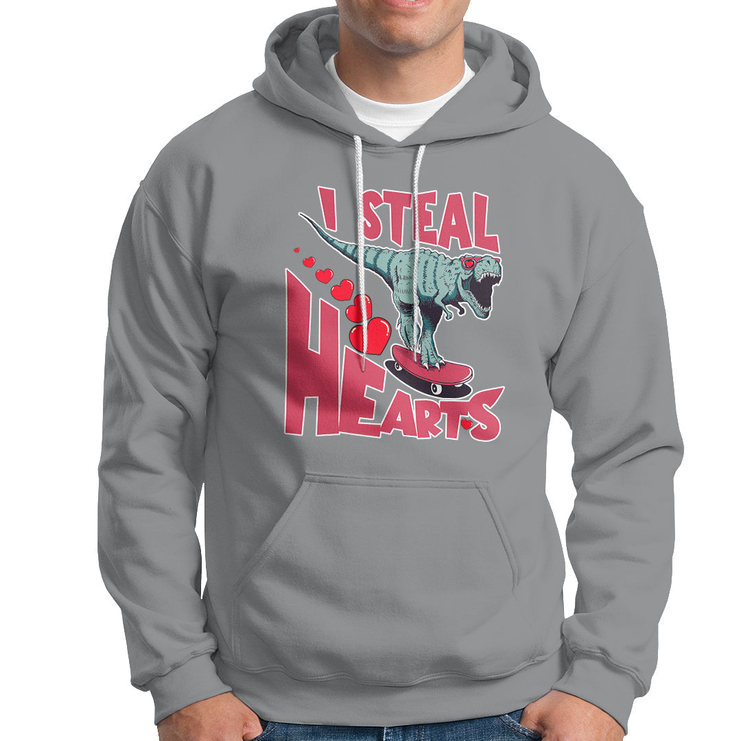 Valentines Day Dinosaur I Steal Hearts Skateboard Hoodie - Wonder Print Shop