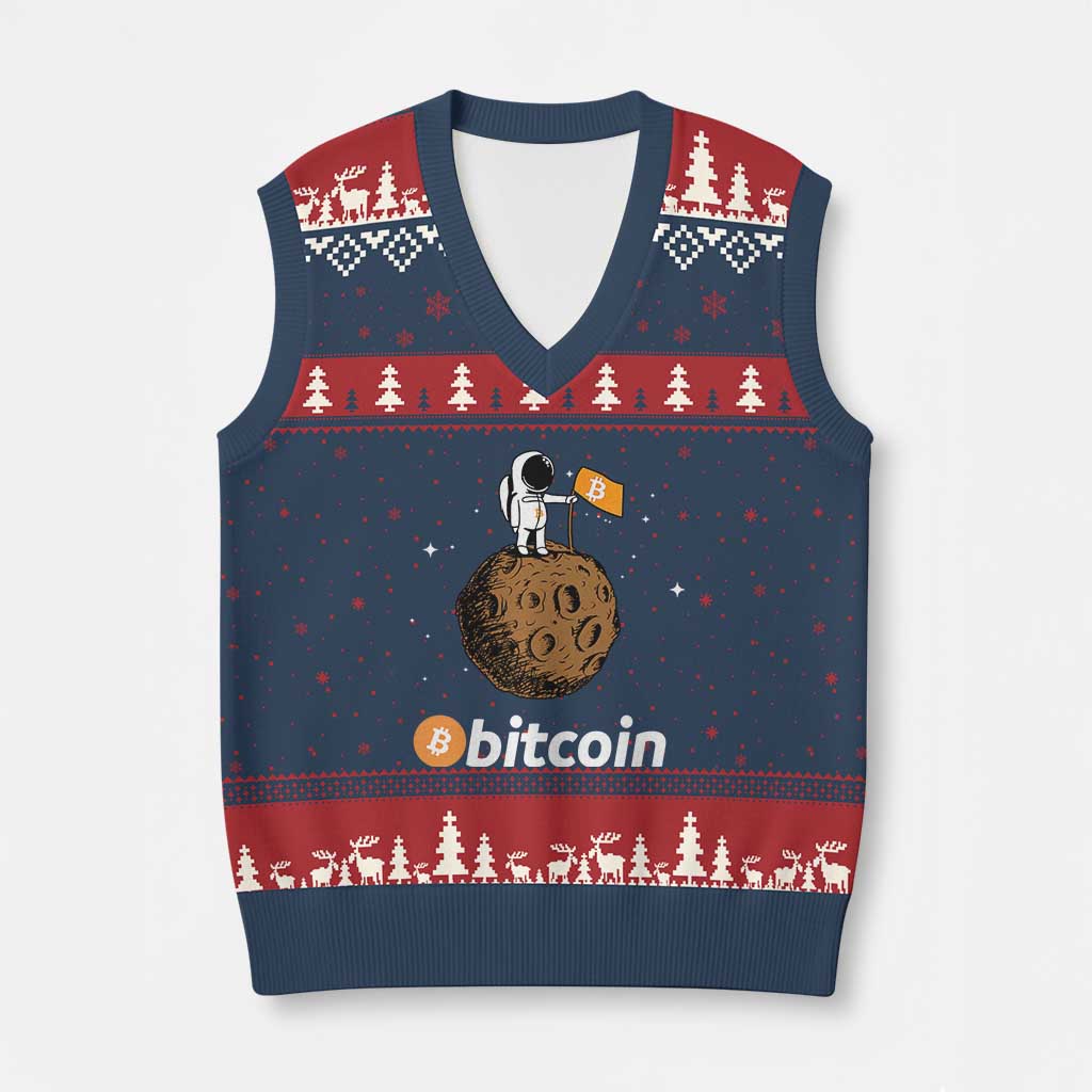 Funny Crypto Investing V-Neck Knit Sweater Vest Bitcoin BTC Crypto to the Moon Graphic Featuring Astronaut - Wonder Print Shop