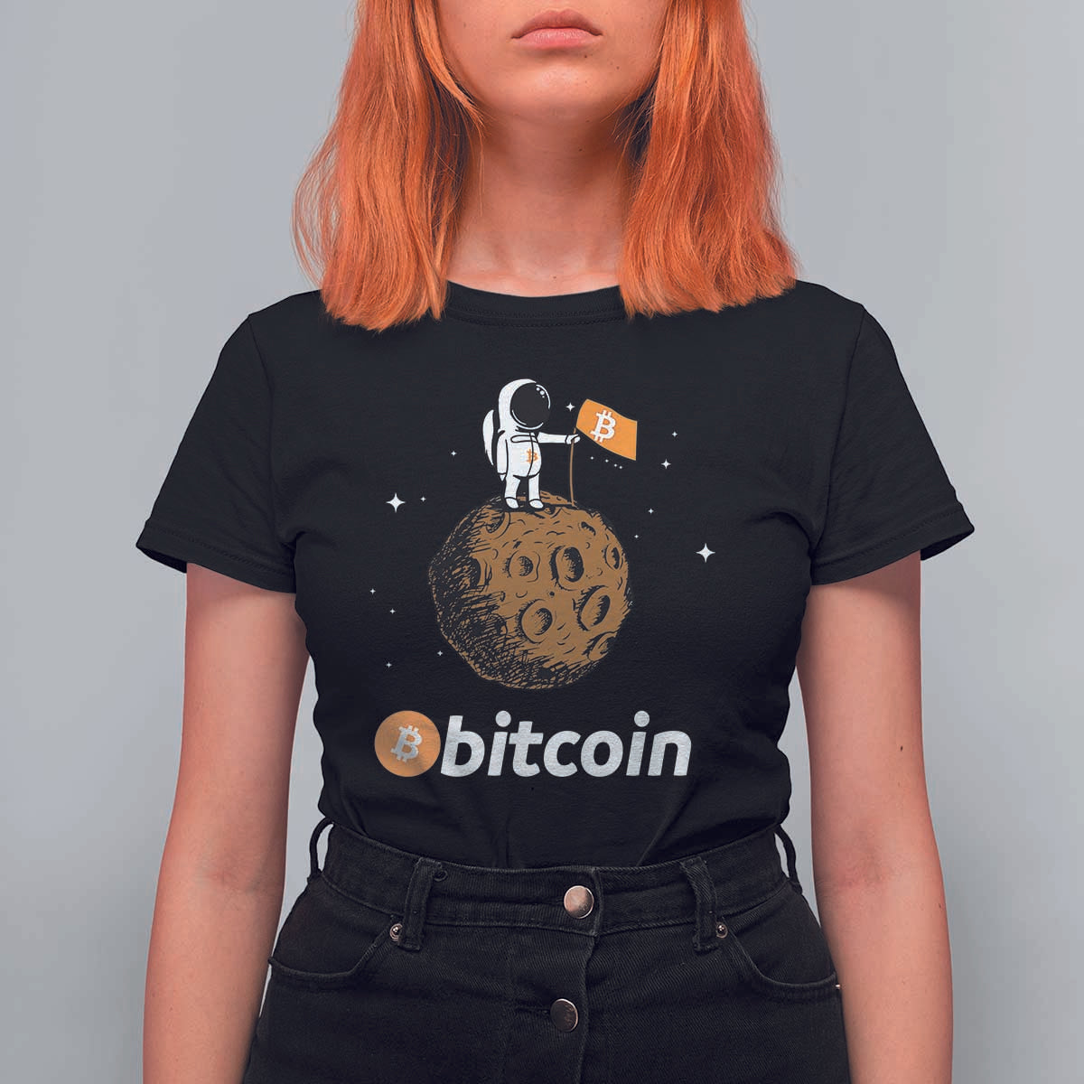 Funny Crypto Investing T Shirt For Women Bitcoin BTC Crypto to the Moon Graphic Featuring Astronaut