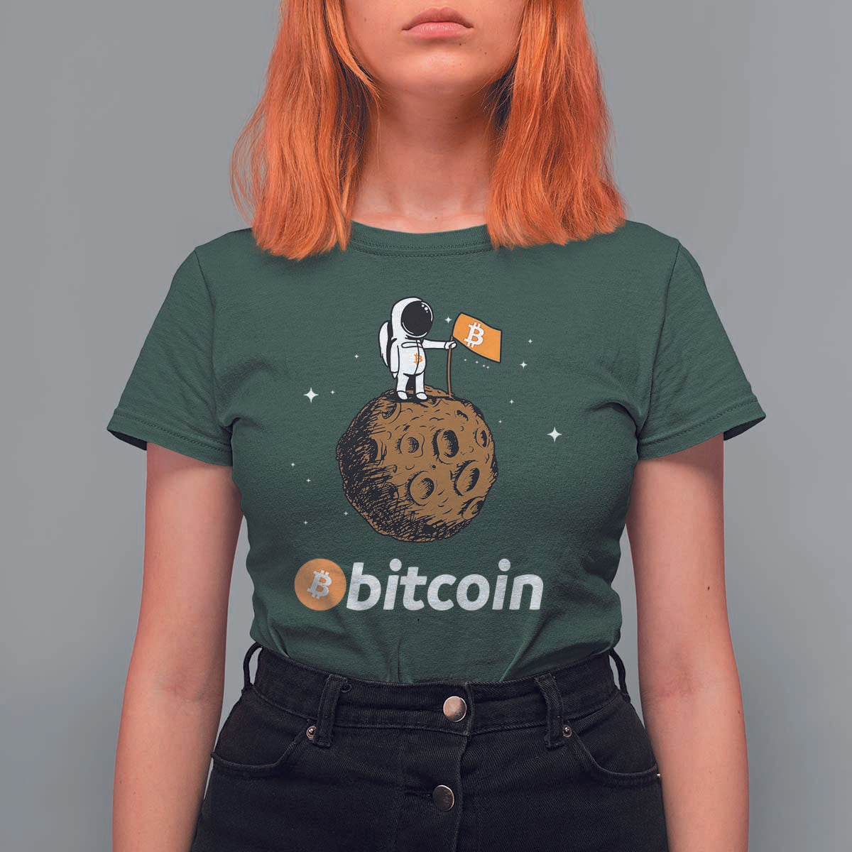 Funny Crypto Investing T Shirt For Women Bitcoin BTC Crypto to the Moon Graphic Featuring Astronaut