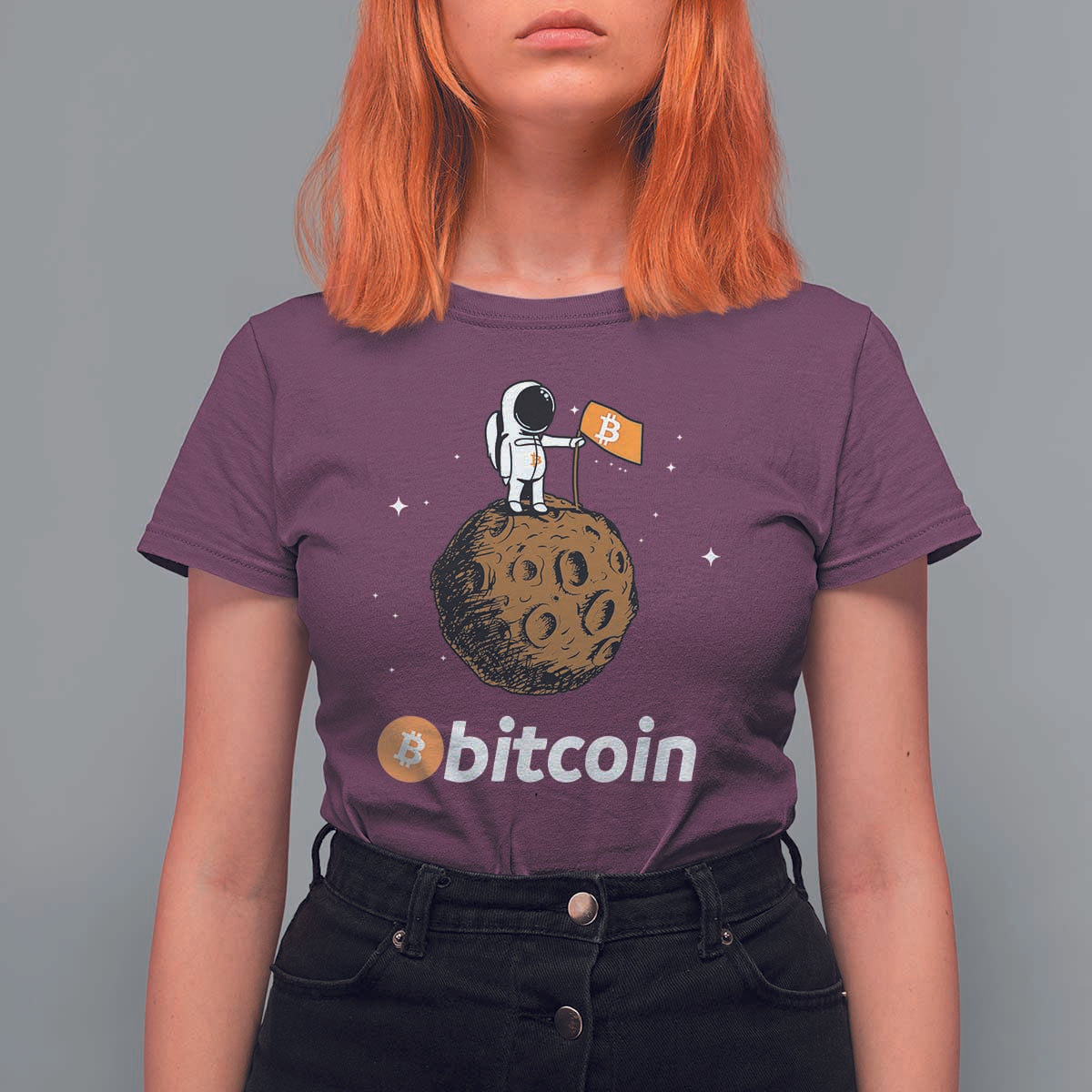 Funny Crypto Investing T Shirt For Women Bitcoin BTC Crypto to the Moon Graphic Featuring Astronaut