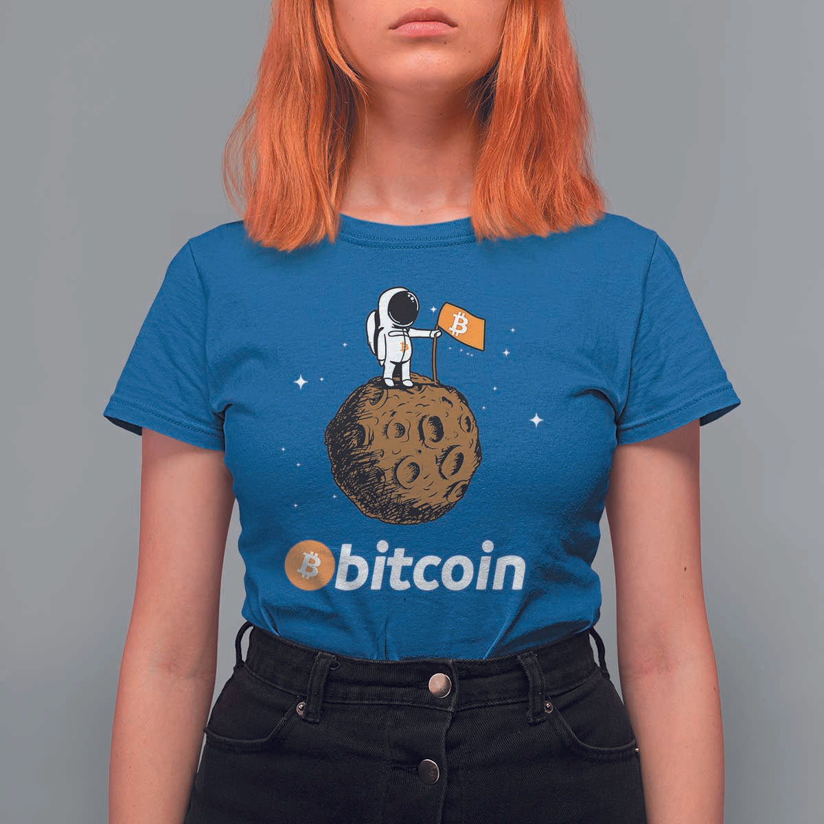 Funny Crypto Investing T Shirt For Women Bitcoin BTC Crypto to the Moon Graphic Featuring Astronaut
