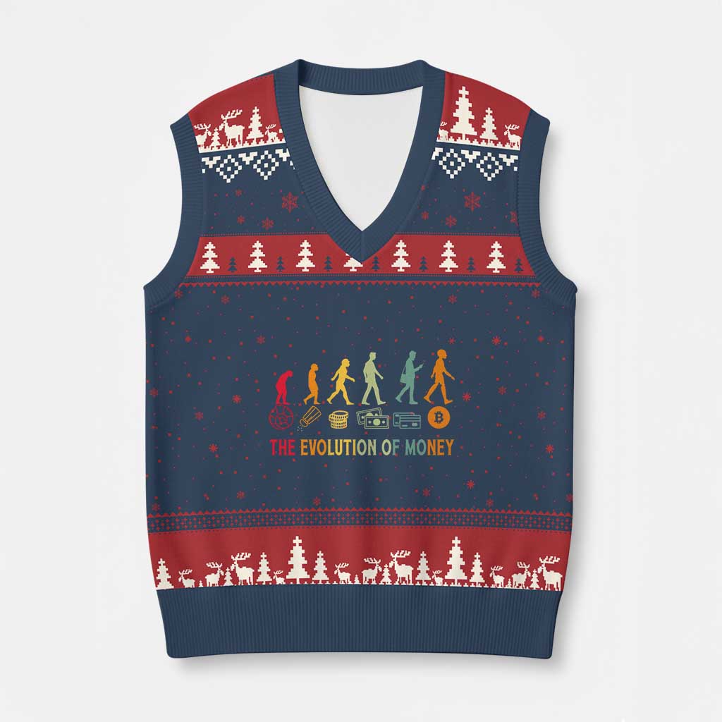 Funny Crypto Investing V-Neck Knit Sweater Vest The Evolution Of Money Bitcoin BTC Cryptocurrency - Wonder Print Shop