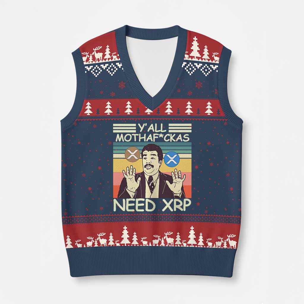 Funny Crypto Meme V-Neck Knit Sweater Vest Y'all Motha Fuckas Need XRP Cryptocurrency - Wonder Print Shop