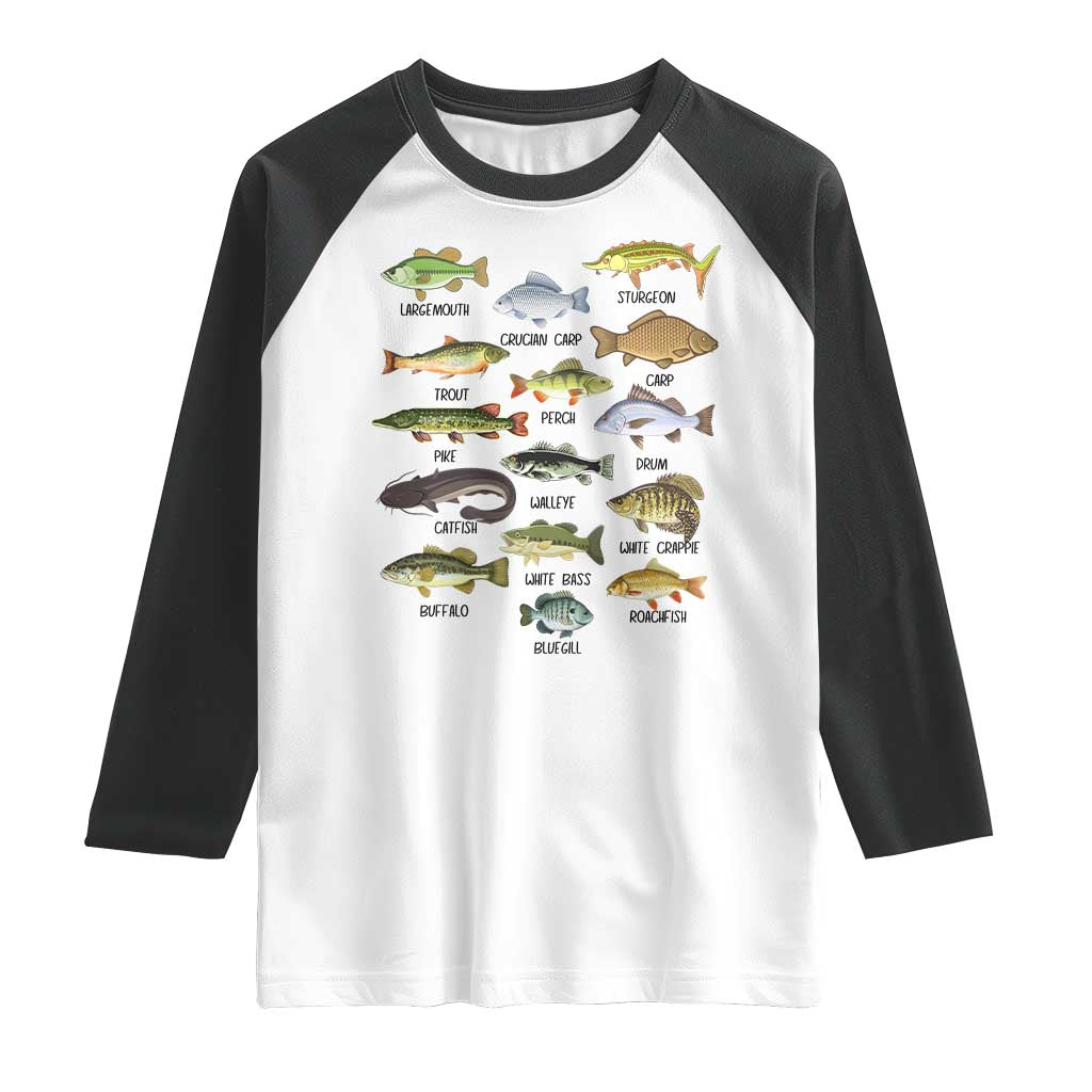 Freshwater Fish Species Raglan Shirt Funny Fishing Types Fisherman Dad